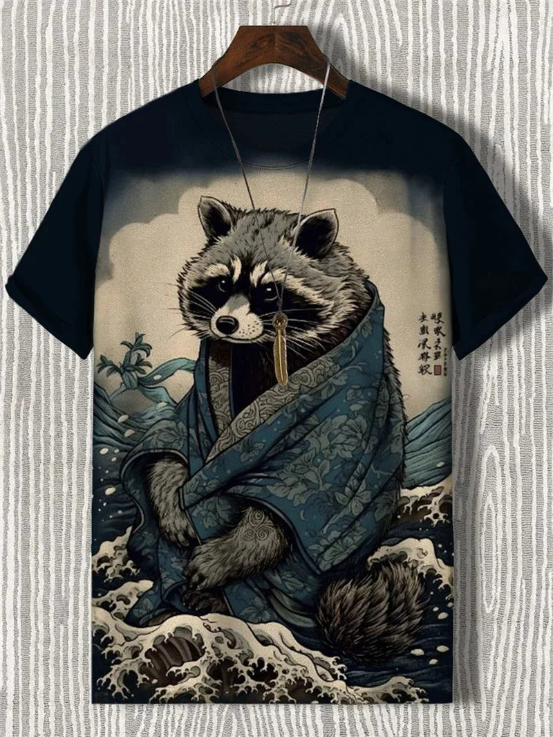 Japanese Cat Pattern T-Shirt For Men Warrior Animal 3D Print Tee Shirts - Maxwell shop