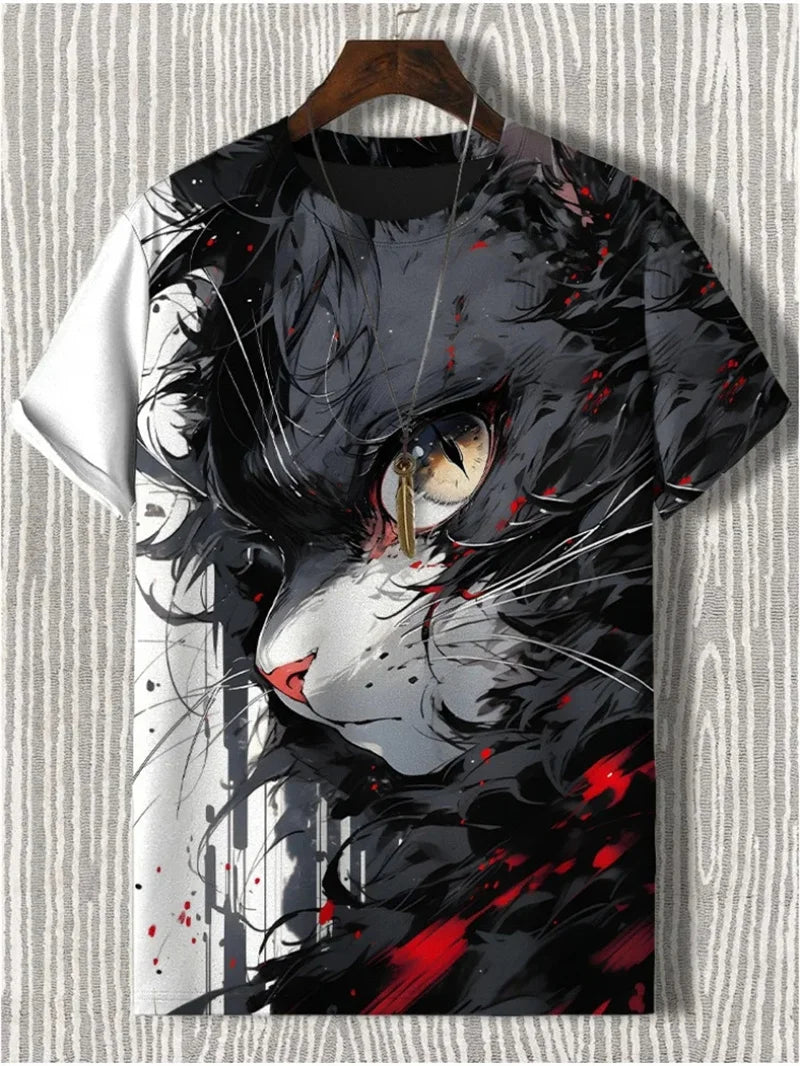 Japanese Cat Pattern T-Shirt For Men Warrior Animal 3D Print Tee Shirts - Maxwell shop