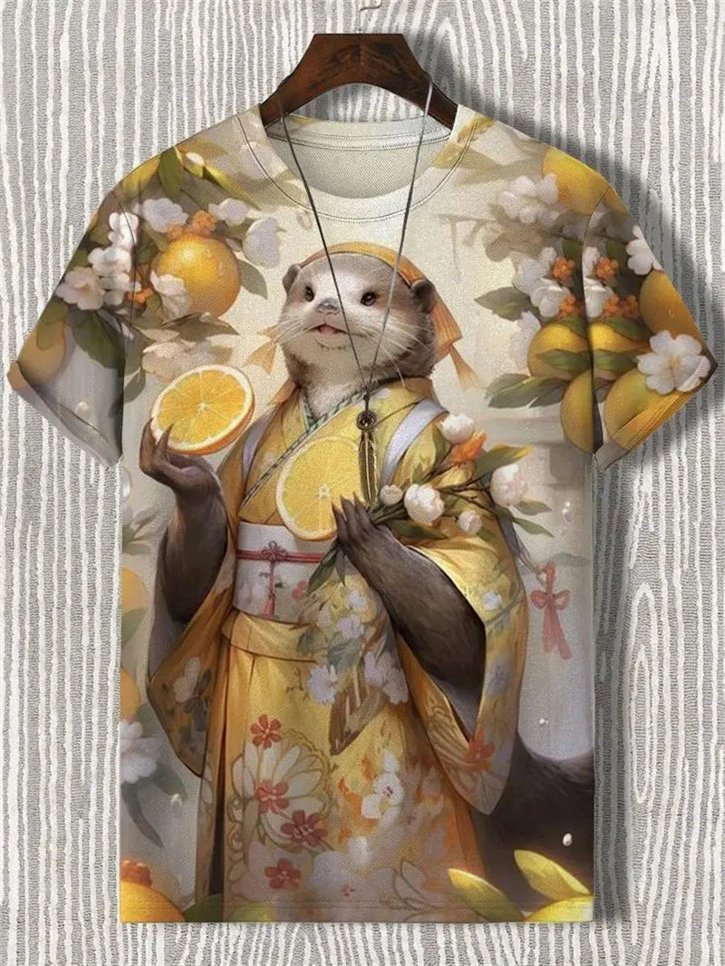 Japanese Cat Pattern T-Shirt For Men Warrior Animal 3D Print Tee Shirts - Maxwell shop