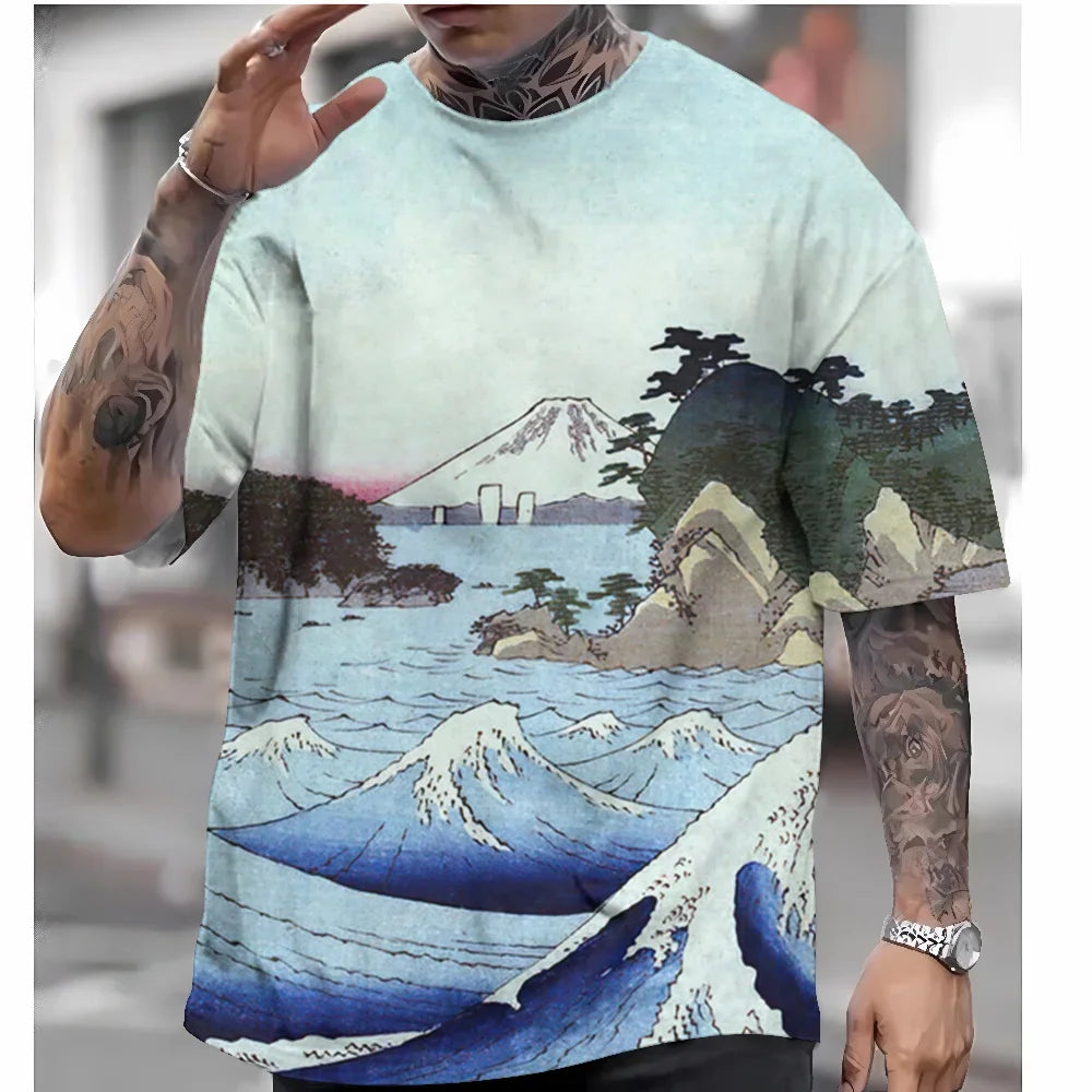 T Shirts For Mens Short Sleeve Tops Japanese Style Ukiyoe Graphic Clothing - Maxwell shop