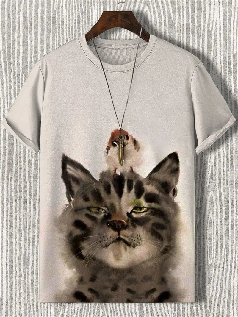 Japanese Cat Pattern T-Shirt For Men Warrior Animal 3D Print Tee Shirts - Maxwell shop