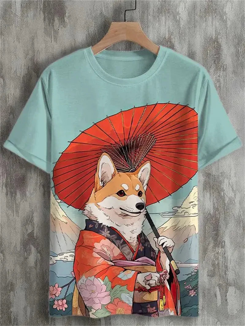 Japanese Cat Pattern T-Shirt For Men Warrior Animal 3D Print Tee Shirts - Maxwell shop