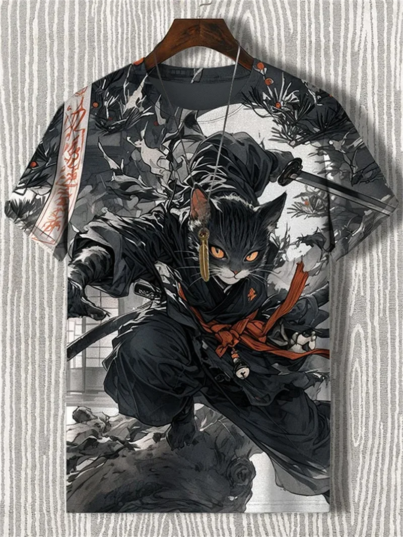 Japanese Cat Pattern T-Shirt For Men Warrior Animal 3D Print Tee Shirts - Maxwell shop