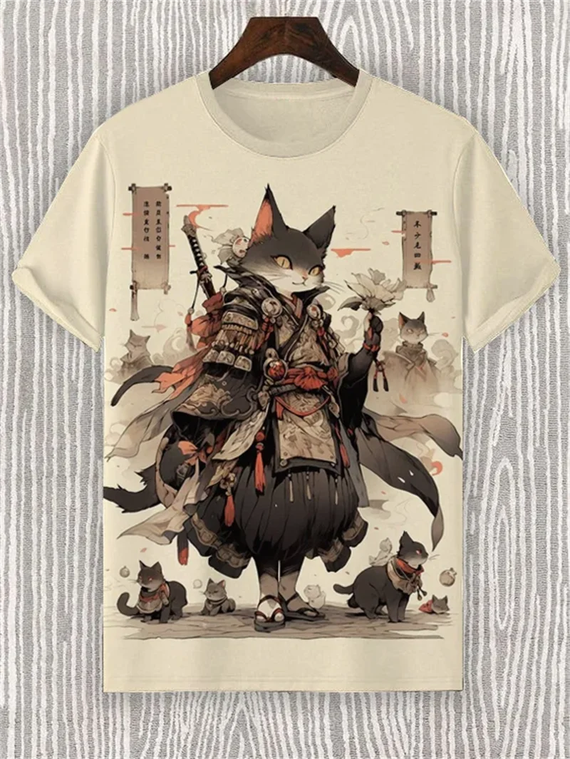 Japanese Cat Pattern T-Shirt For Men Warrior Animal 3D Print Tee Shirts - Maxwell shop