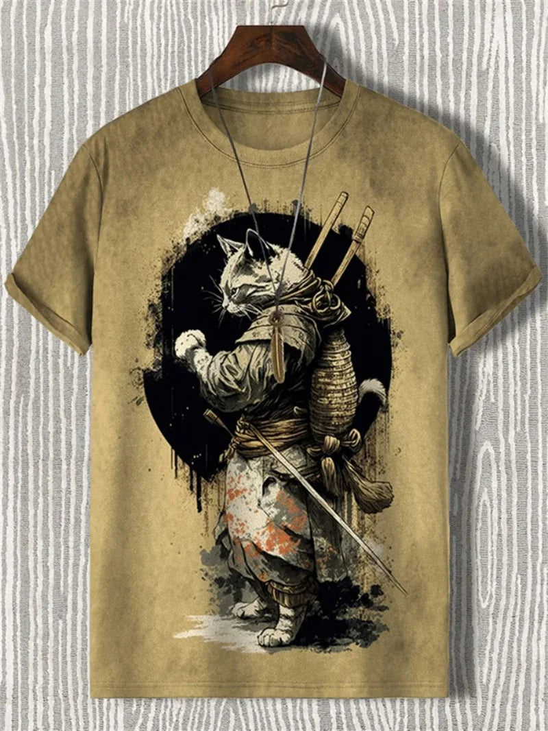Japanese Cat Pattern T-Shirt For Men Warrior Animal 3D Print Tee Shirts - Maxwell shop