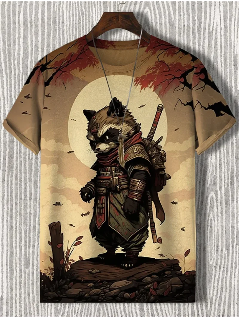 Japanese Cat Pattern T-Shirt For Men Warrior Animal 3D Print Tee Shirts - Maxwell shop