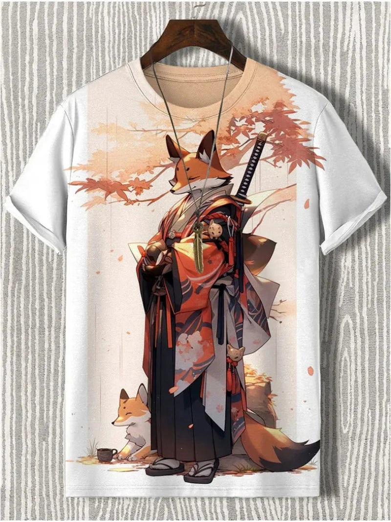 Japanese Cat Pattern T-Shirt For Men Warrior Animal 3D Print Tee Shirts - Maxwell shop