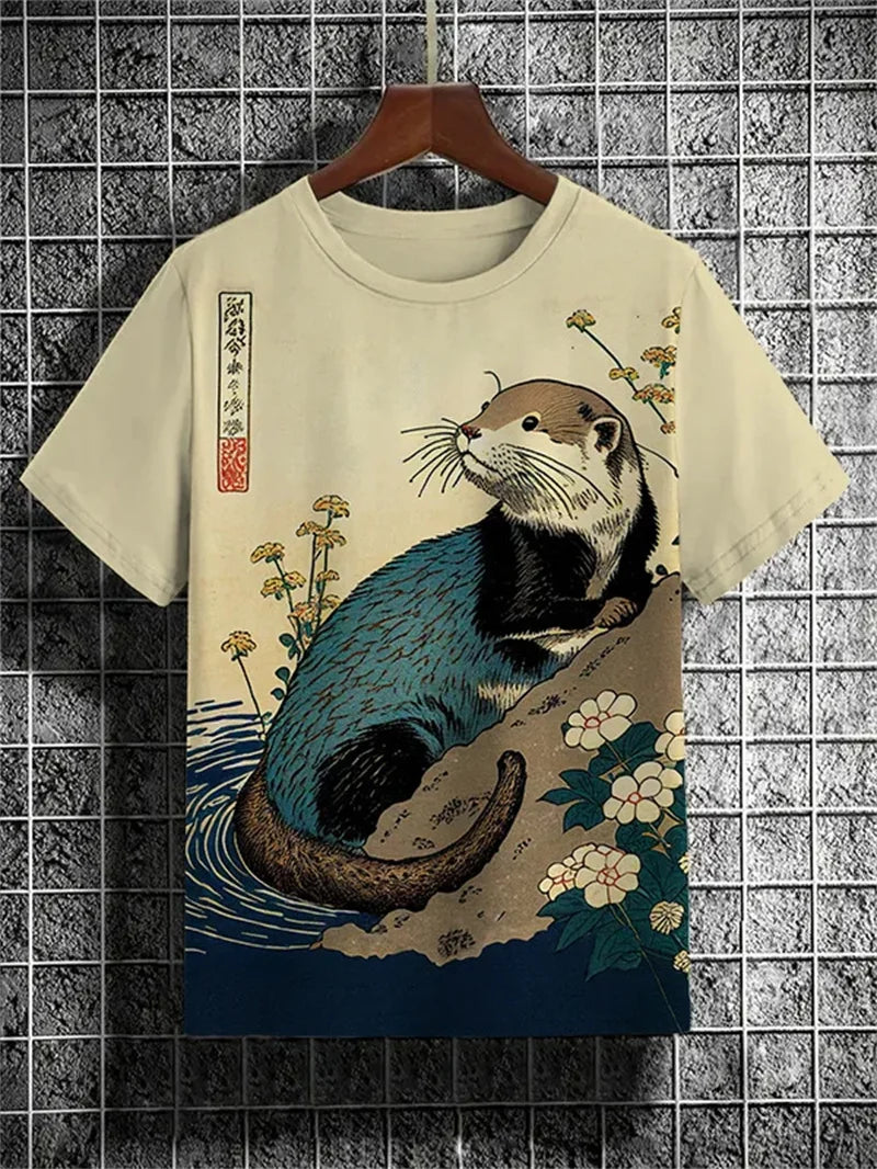 Japanese Cat Pattern T-Shirt For Men Warrior Animal 3D Print Tee Shirts - Maxwell shop