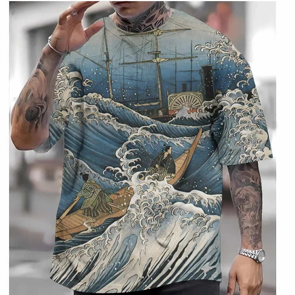 T Shirts For Mens Short Sleeve Tops Japanese Style Ukiyoe Graphic Clothing - Maxwell shop