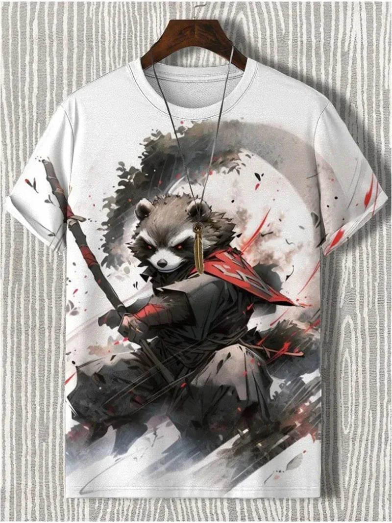 Japanese Cat Pattern T-Shirt For Men Warrior Animal 3D Print Tee Shirts - Maxwell shop