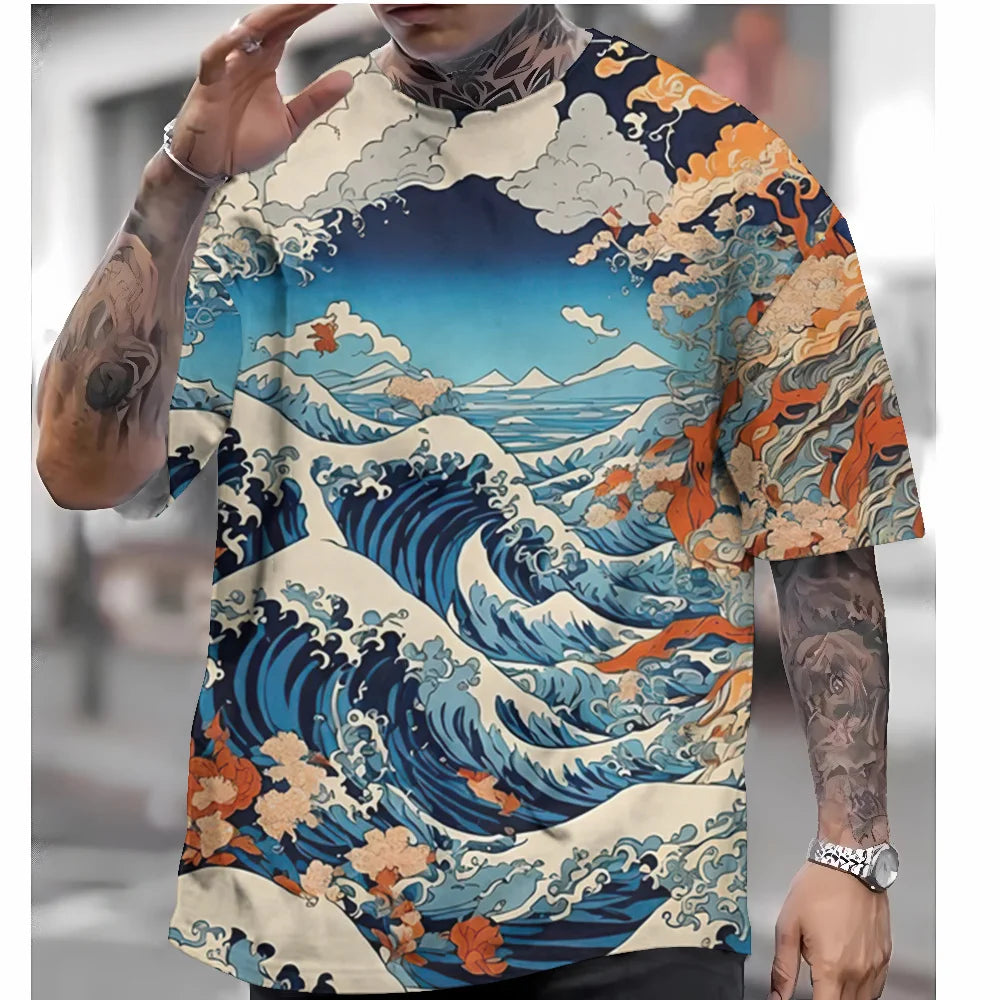 T Shirts For Mens Short Sleeve Tops Japanese Style Ukiyoe Graphic Clothing - Maxwell shop