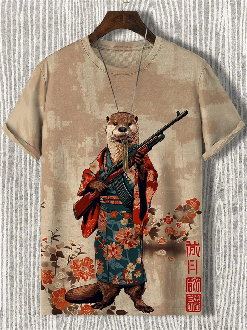 Japanese Cat Pattern T-Shirt For Men Warrior Animal 3D Print Tee Shirts - Maxwell shop