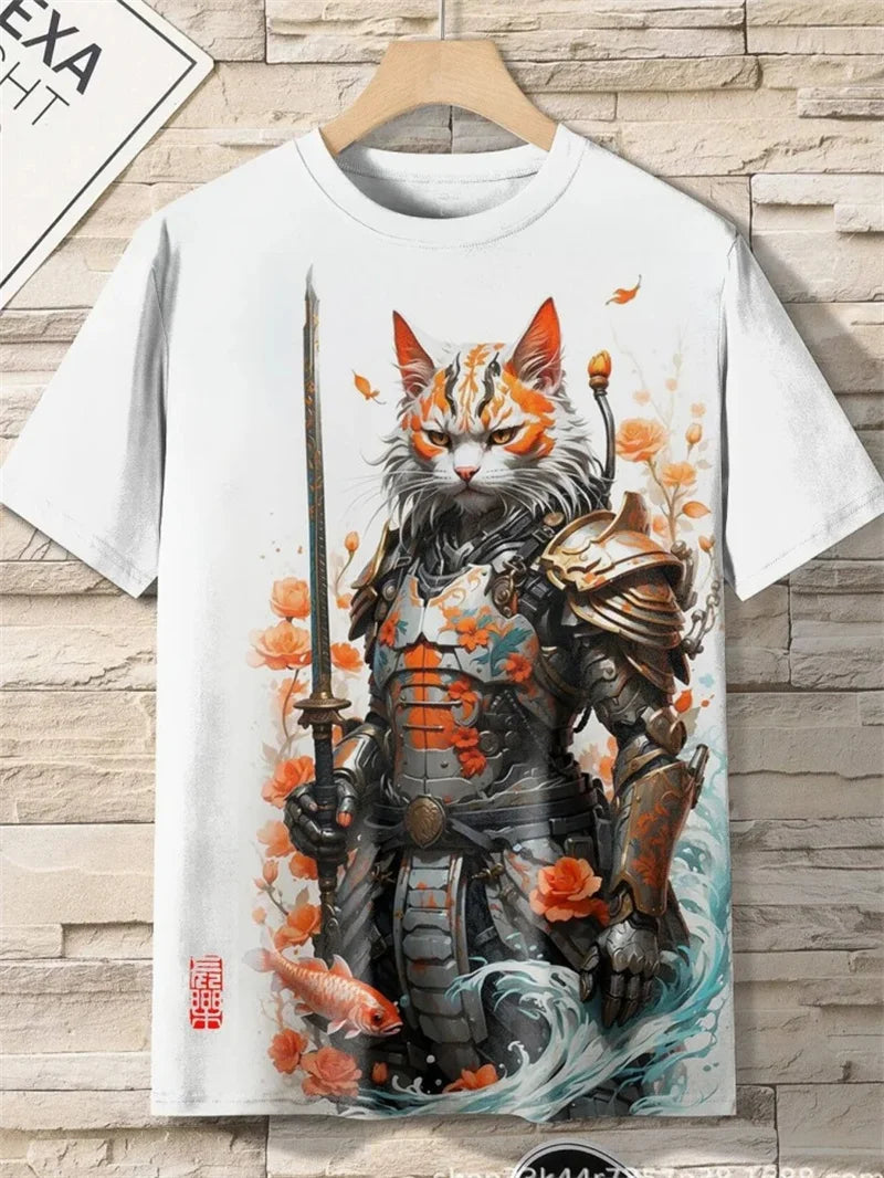 Japanese Cat Pattern T-Shirt For Men Warrior Animal 3D Print Tee Shirts - Maxwell shop