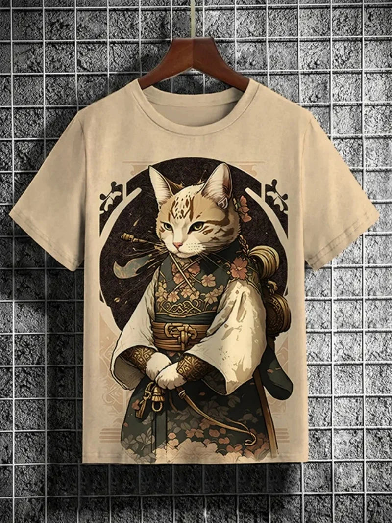 Japanese Cat Pattern T-Shirt For Men Warrior Animal 3D Print Tee Shirts - Maxwell shop