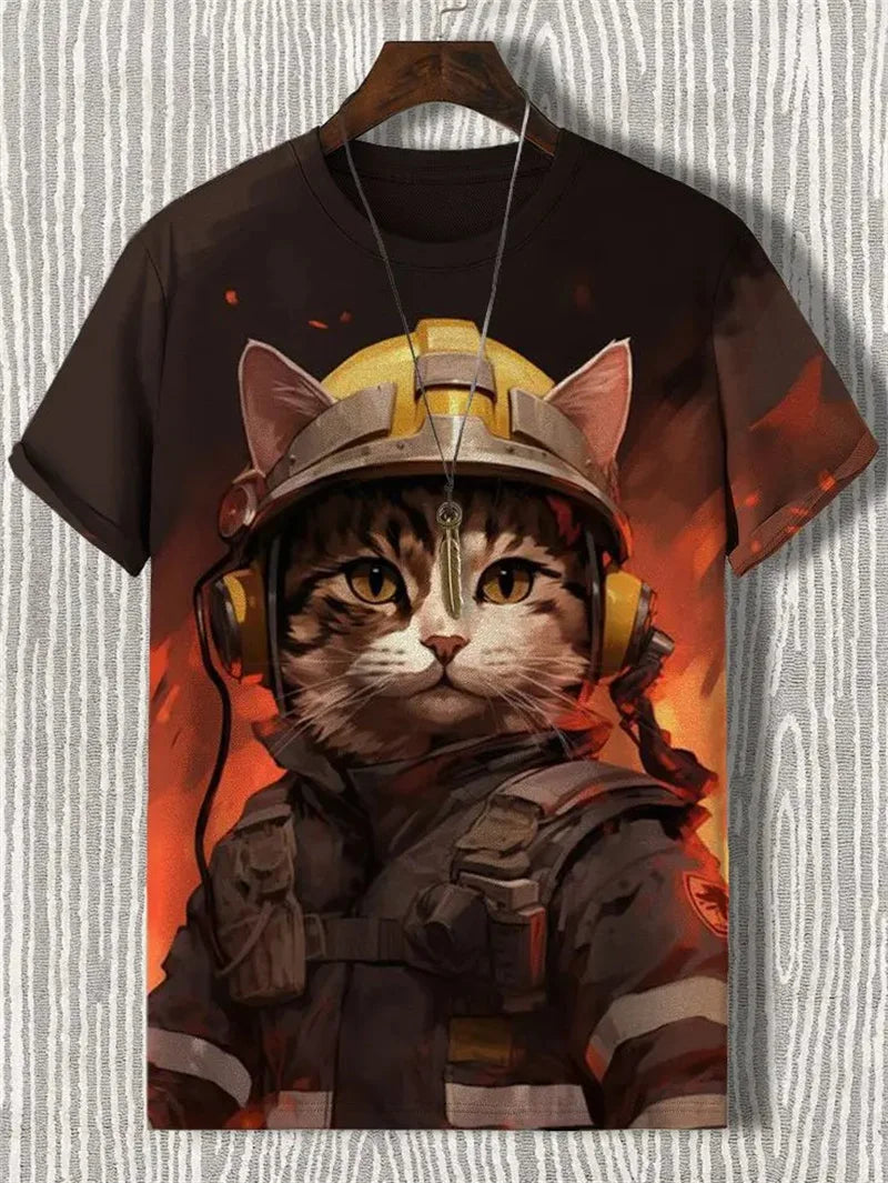 Japanese Cat Pattern T-Shirt For Men Warrior Animal 3D Print Tee Shirts - Maxwell shop
