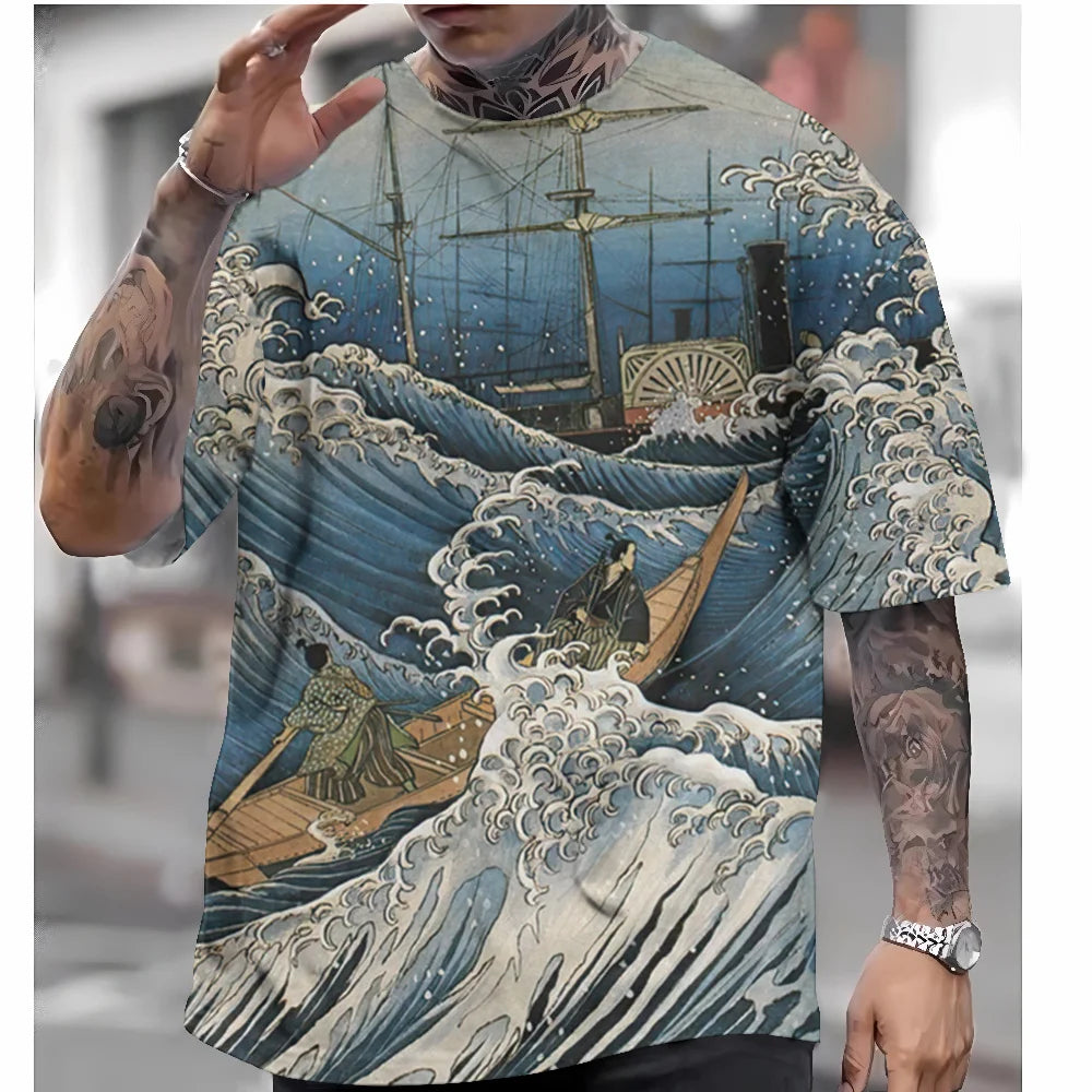 T Shirts For Mens Short Sleeve Tops Japanese Style Ukiyoe Graphic Clothing - Maxwell shop
