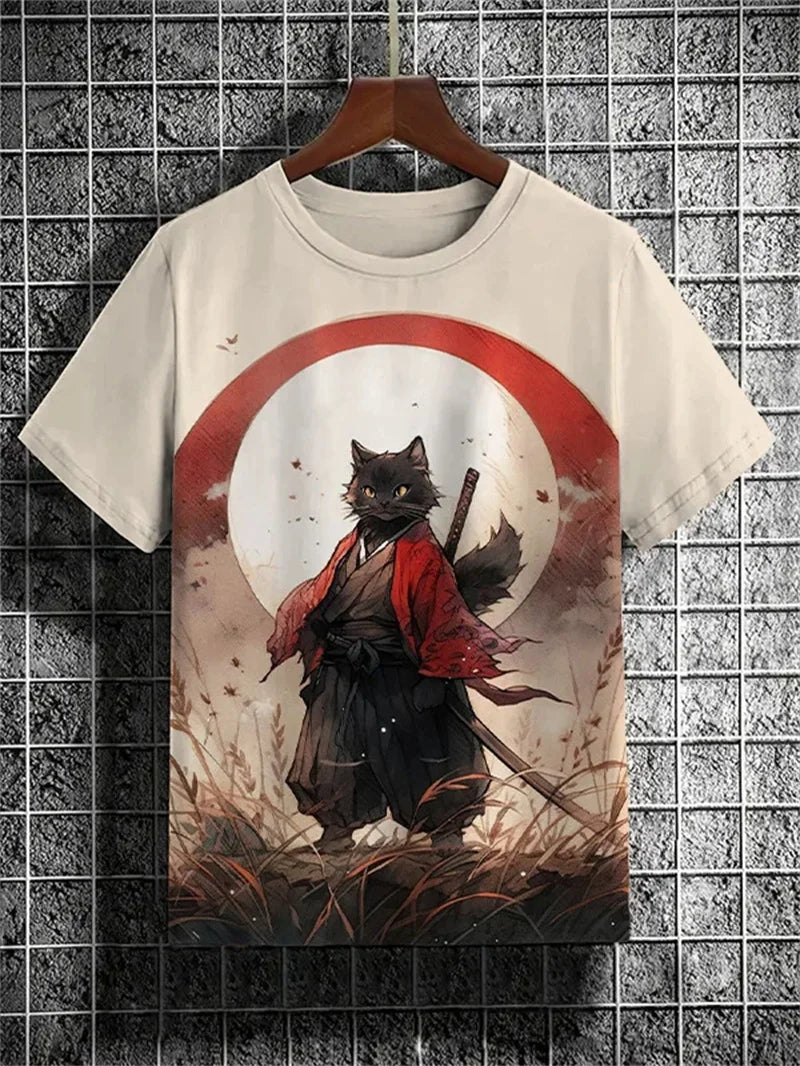 Japanese Cat Pattern T-Shirt For Men Warrior Animal 3D Print Tee Shirts - Maxwell shop