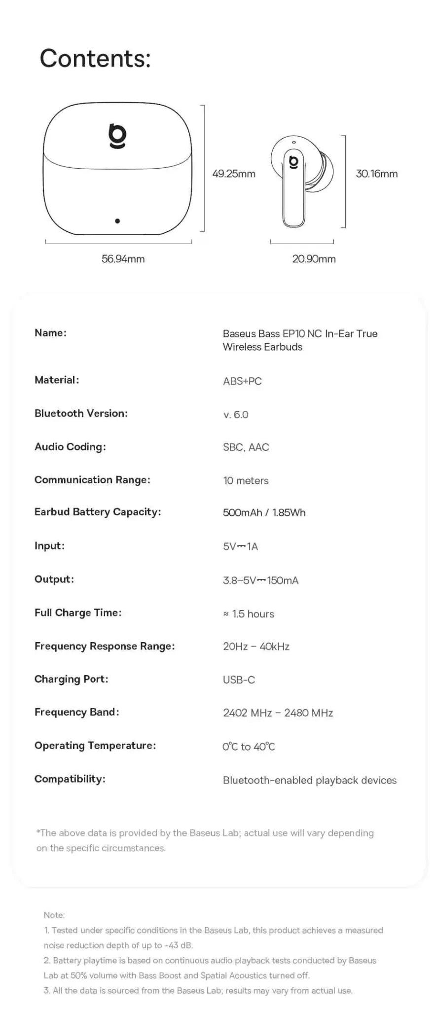 Baseus Bass EP10 NC -43dB Noise Cancelling ANC True Wireless Earbuds Bluetooth 6.0 - Maxwell shop