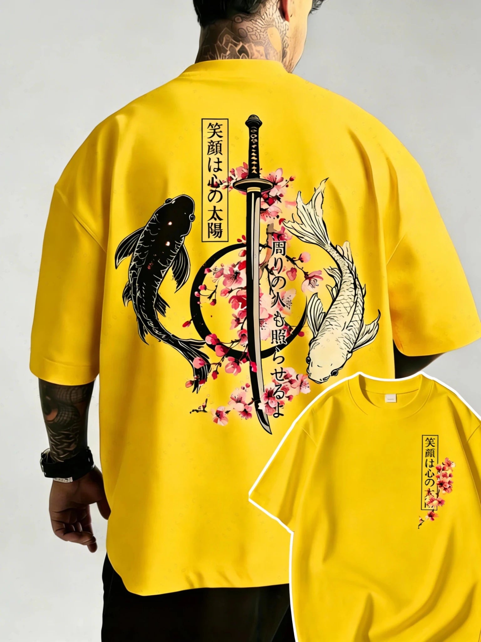 Japanese Yin Yang Koi Fish & Samurai Sword Pattern Cotton Unisex T-Shirt Men's T-Shirt - Maxwell shop