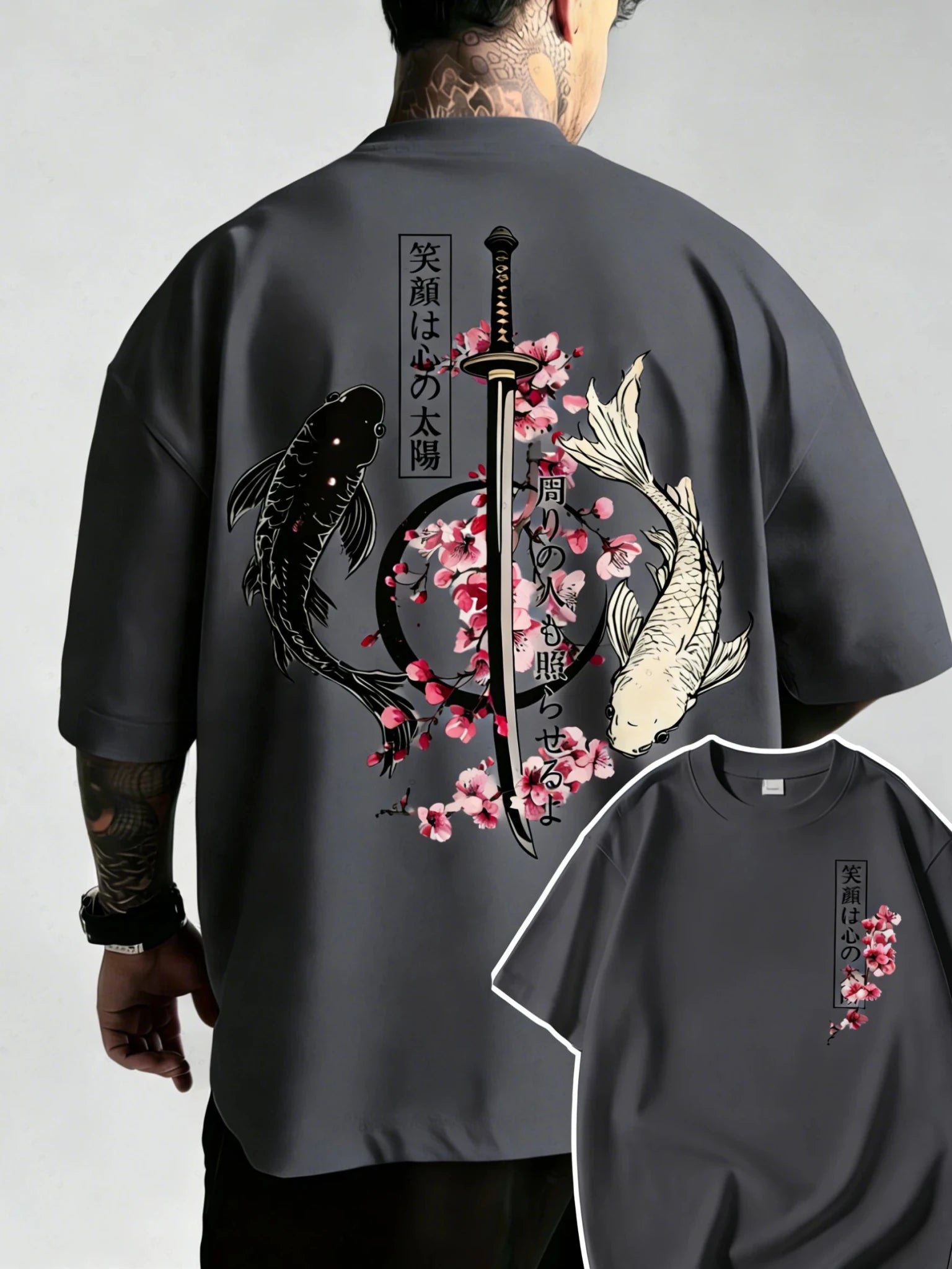 Japanese Yin Yang Koi Fish & Samurai Sword Pattern Cotton Unisex T-Shirt Men's T-Shirt - Maxwell shop