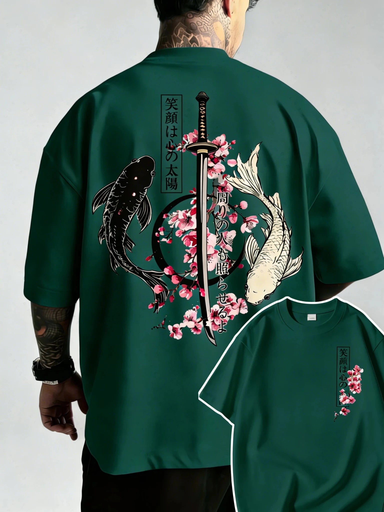 Japanese Yin Yang Koi Fish & Samurai Sword Pattern Cotton Unisex T-Shirt Men's T-Shirt - Maxwell shop
