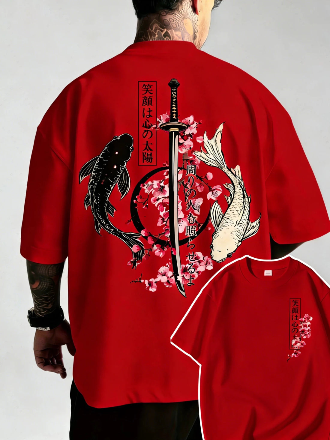 Japanese Yin Yang Koi Fish & Samurai Sword Pattern Cotton Unisex T-Shirt Men's T-Shirt - Maxwell shop
