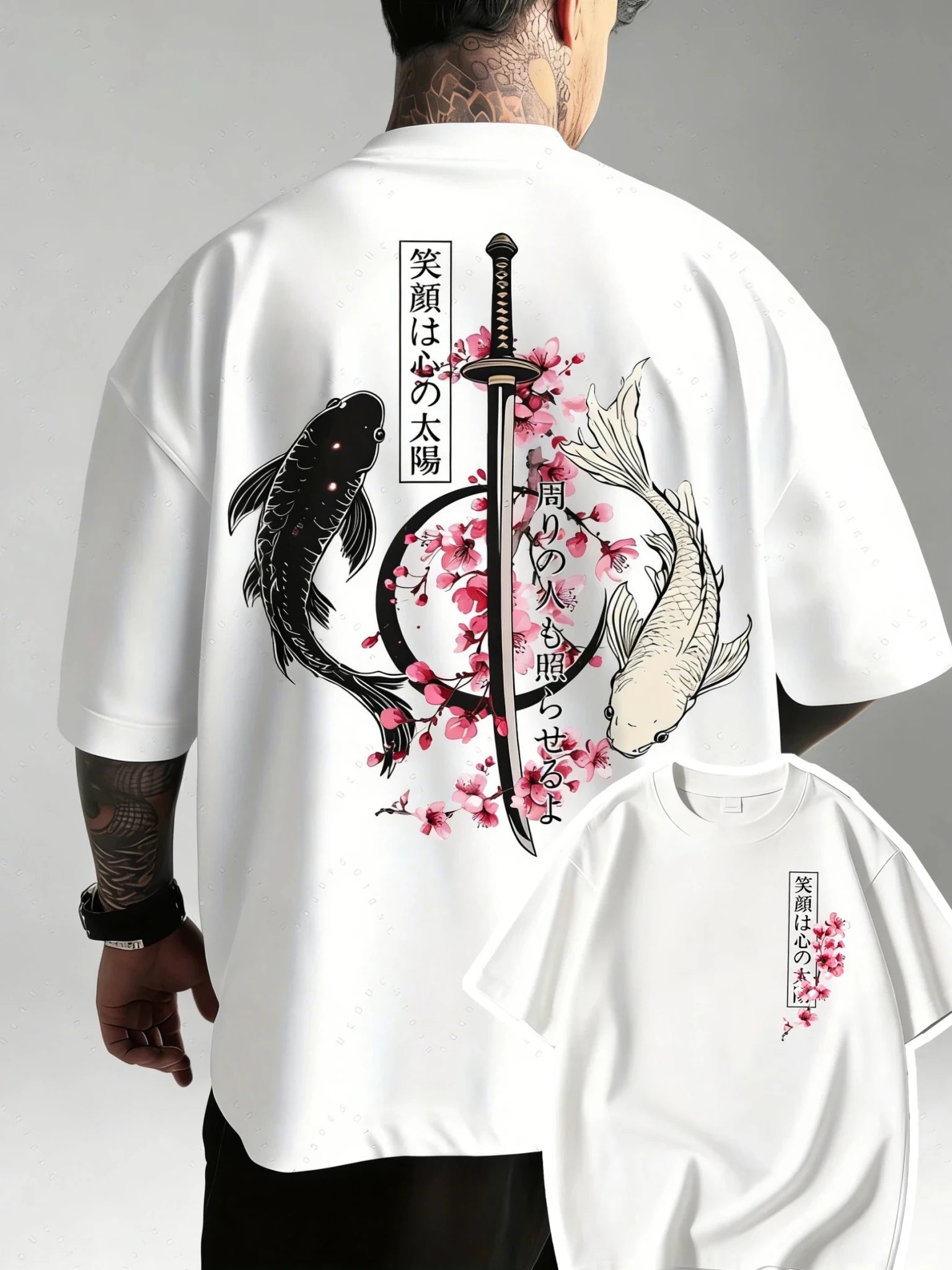 Japanese Yin Yang Koi Fish & Samurai Sword Pattern Cotton Unisex T-Shirt Men's T-Shirt - Maxwell shop