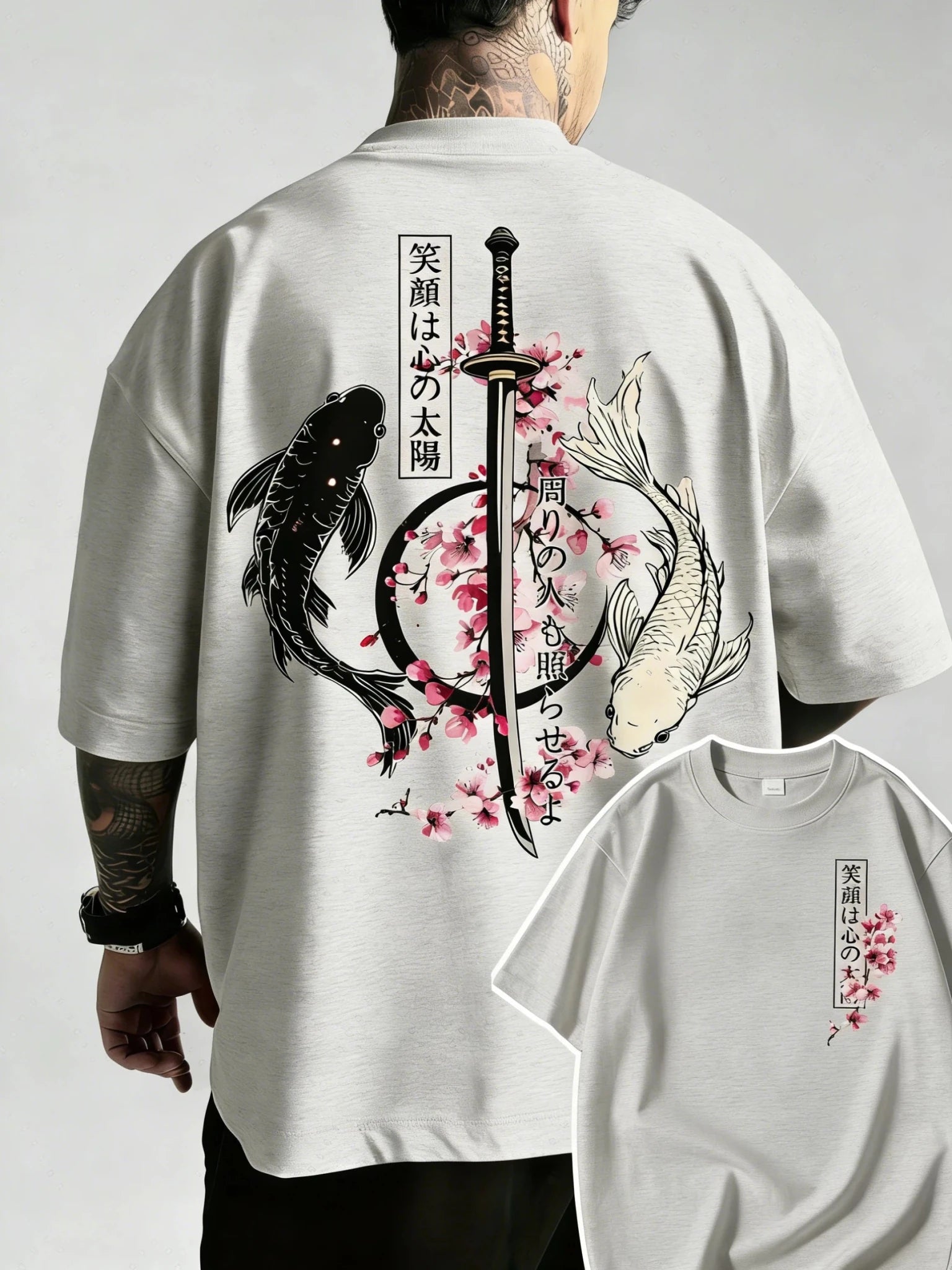 Japanese Yin Yang Koi Fish & Samurai Sword Pattern Cotton Unisex T-Shirt Men's T-Shirt - Maxwell shop