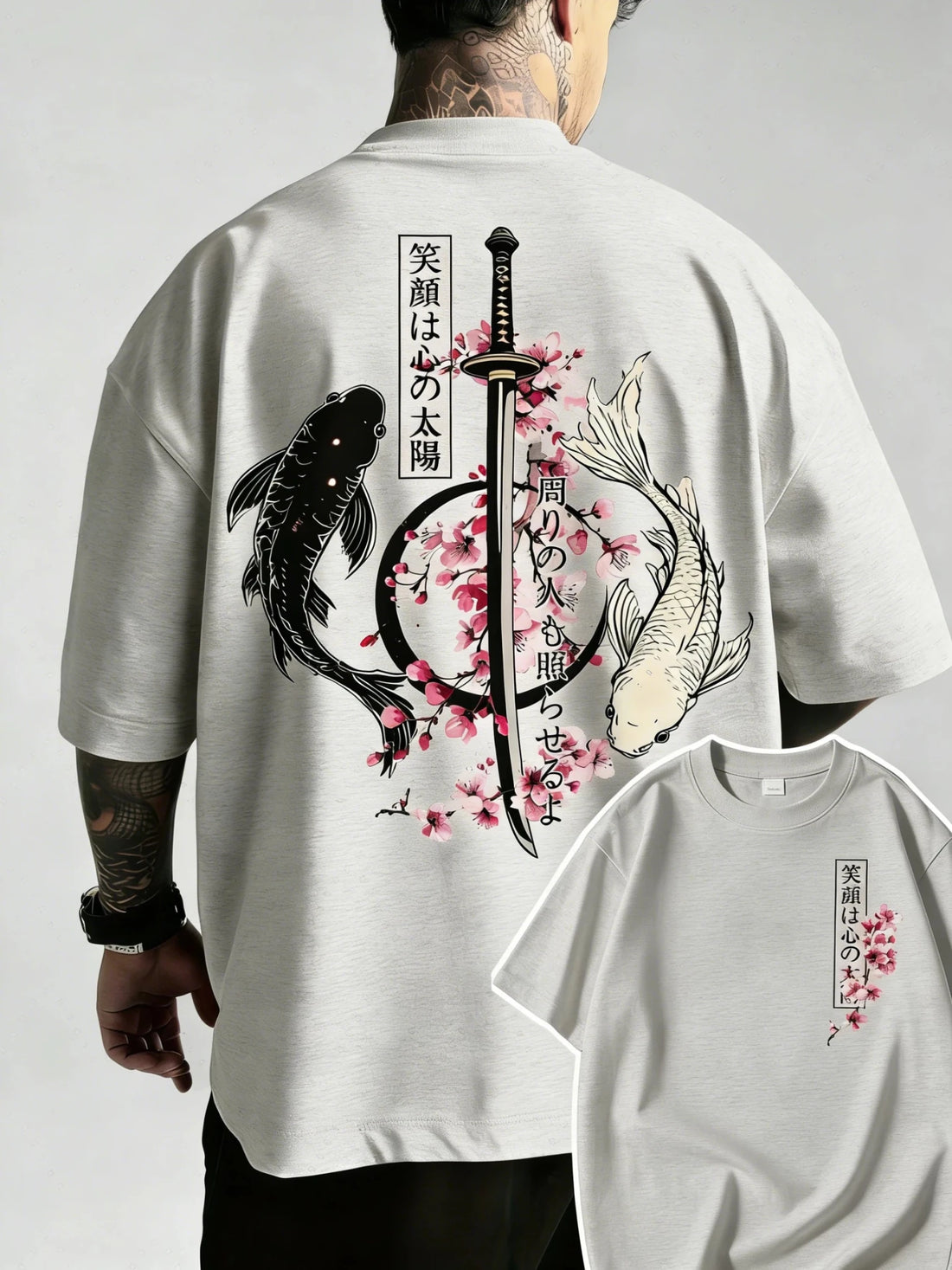 Japanese Yin Yang Koi Fish & Samurai Sword Pattern Cotton Unisex T-Shirt Men's T-Shirt - Maxwell shop