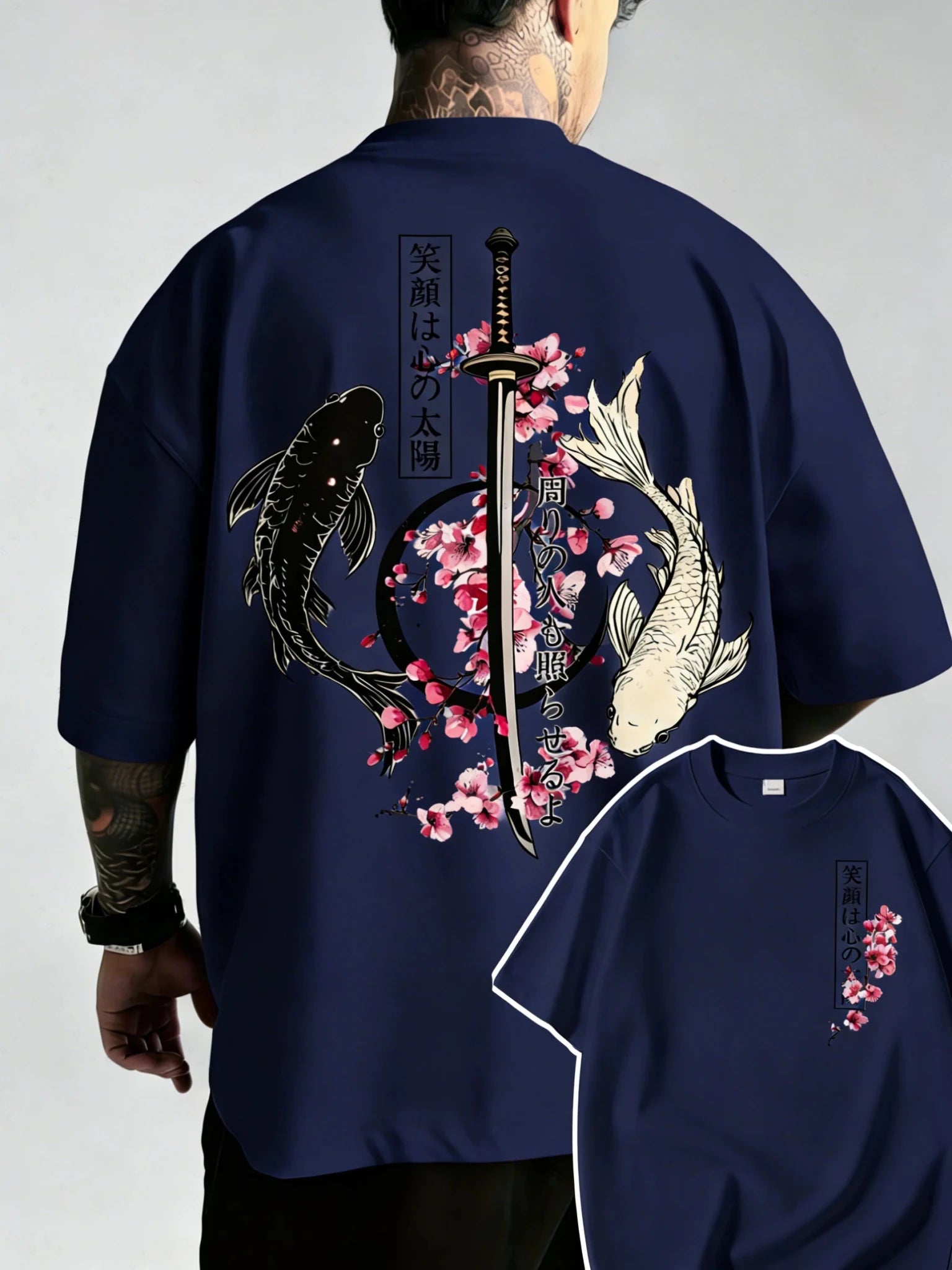 Japanese Yin Yang Koi Fish & Samurai Sword Pattern Cotton Unisex T-Shirt Men's T-Shirt - Maxwell shop