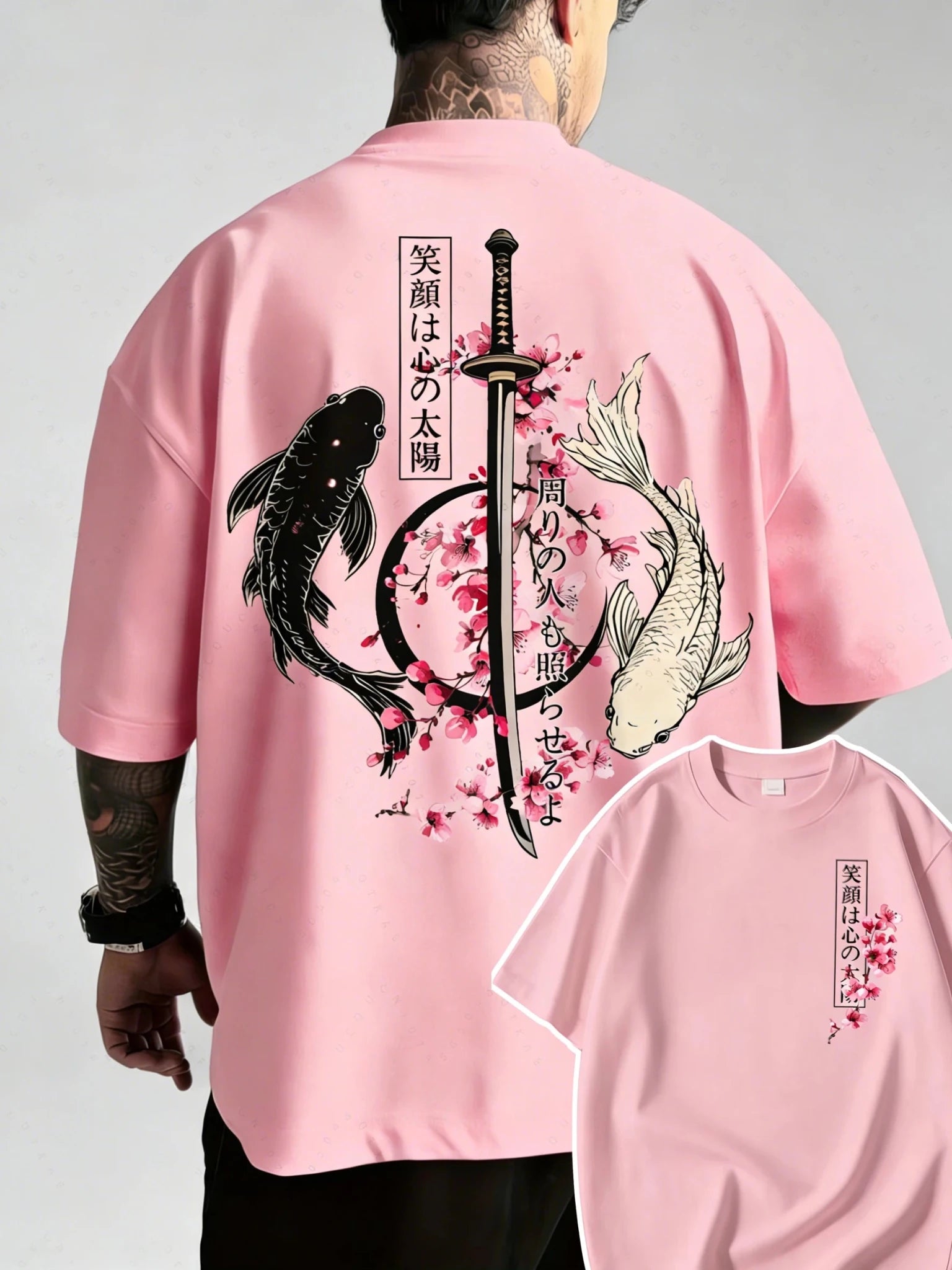 Japanese Yin Yang Koi Fish & Samurai Sword Pattern Cotton Unisex T-Shirt Men's T-Shirt - Maxwell shop