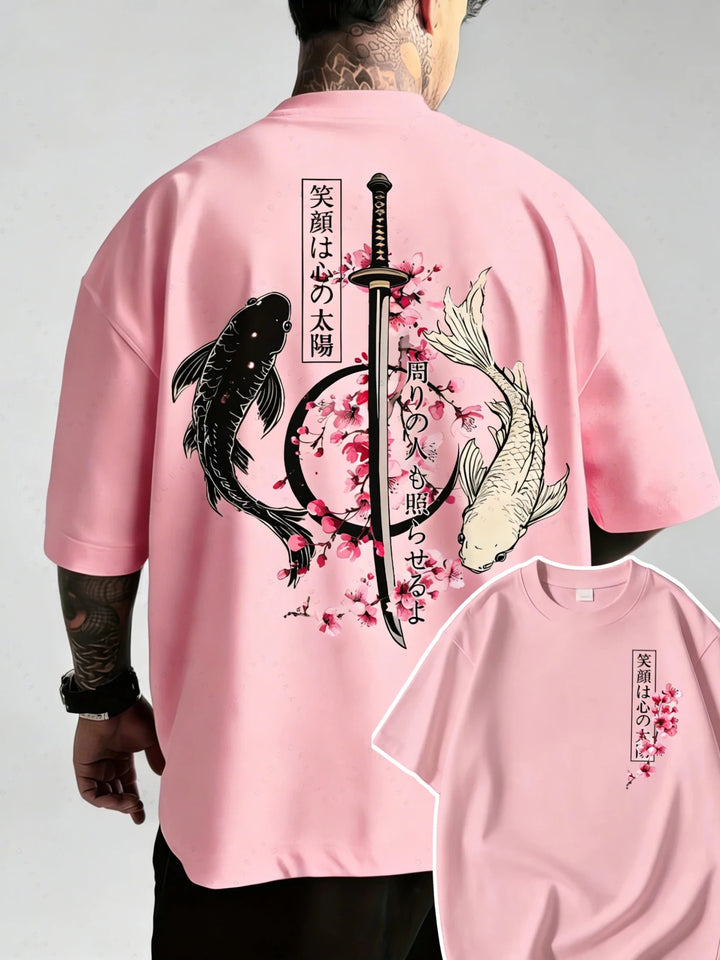 Japanese Yin Yang Koi Fish & Samurai Sword Pattern Cotton Unisex T-Shirt Men's T-Shirt - Maxwell shop