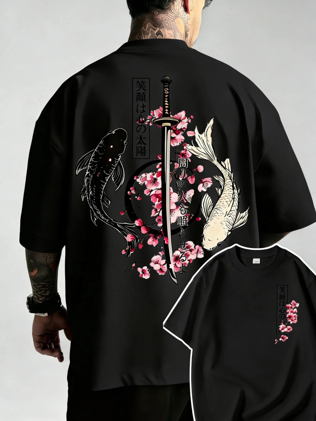 Japanese Yin Yang Koi Fish & Samurai Sword Pattern Cotton Unisex T-Shirt Men's T-Shirt - Maxwell shop