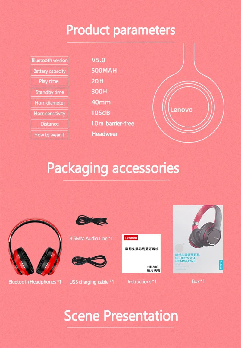 Lenovo HD200 Bluetooth Earphones Over-ear Foldable Computer Wireless Headphones Noise - Maxwell shop