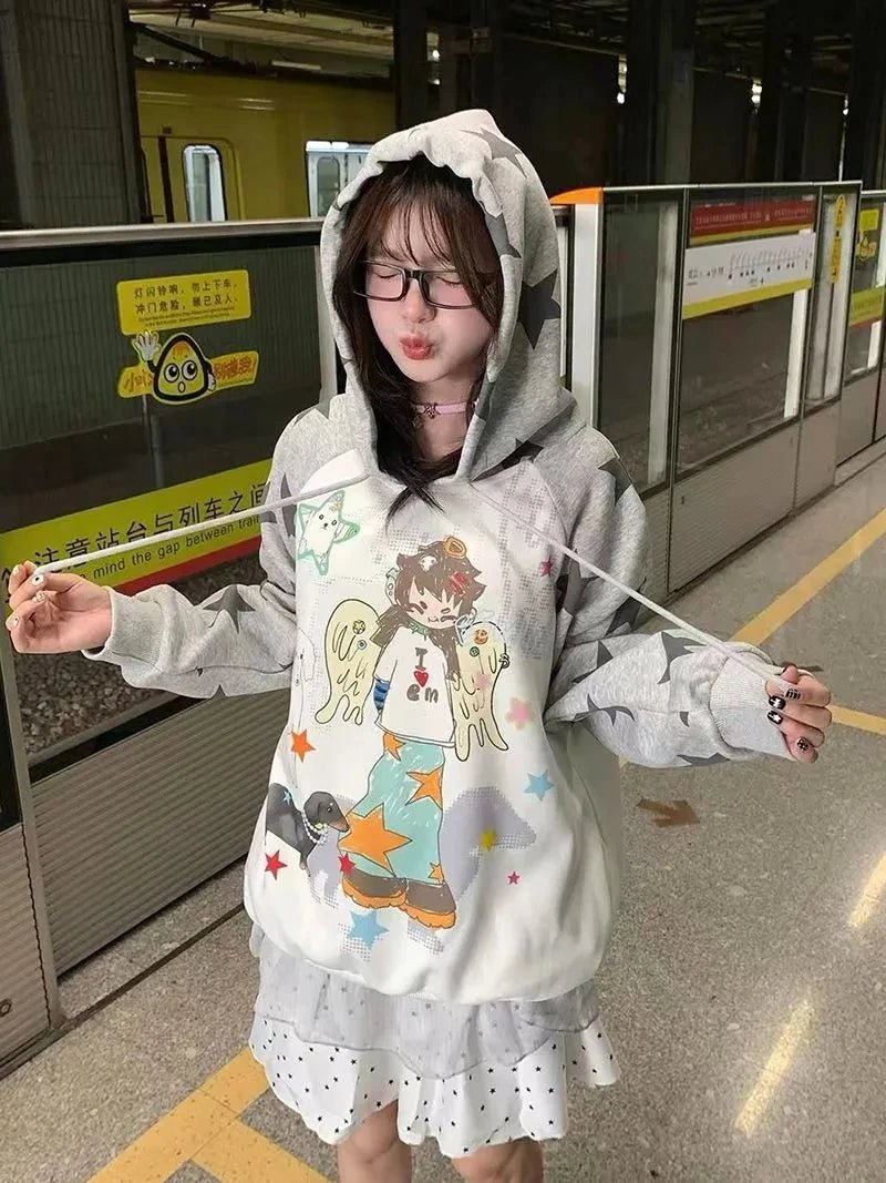 Women Japan Anime Subculture Hoodie Long Sleeve Cartoon Print Sweatshirt - Maxwell shop