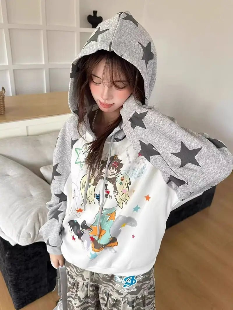 Women Japan Anime Subculture Hoodie Long Sleeve Cartoon Print Sweatshirt - Maxwell shop
