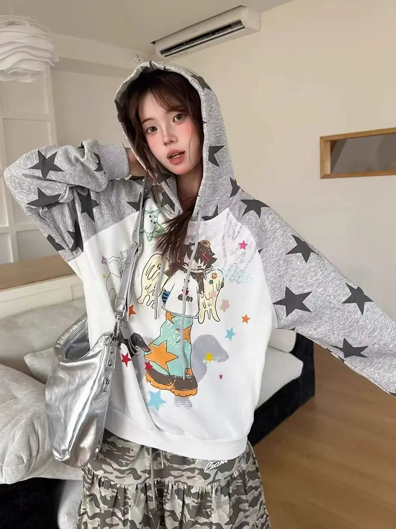 Women Japan Anime Subculture Hoodie Long Sleeve Cartoon Print Sweatshirt - Maxwell shop