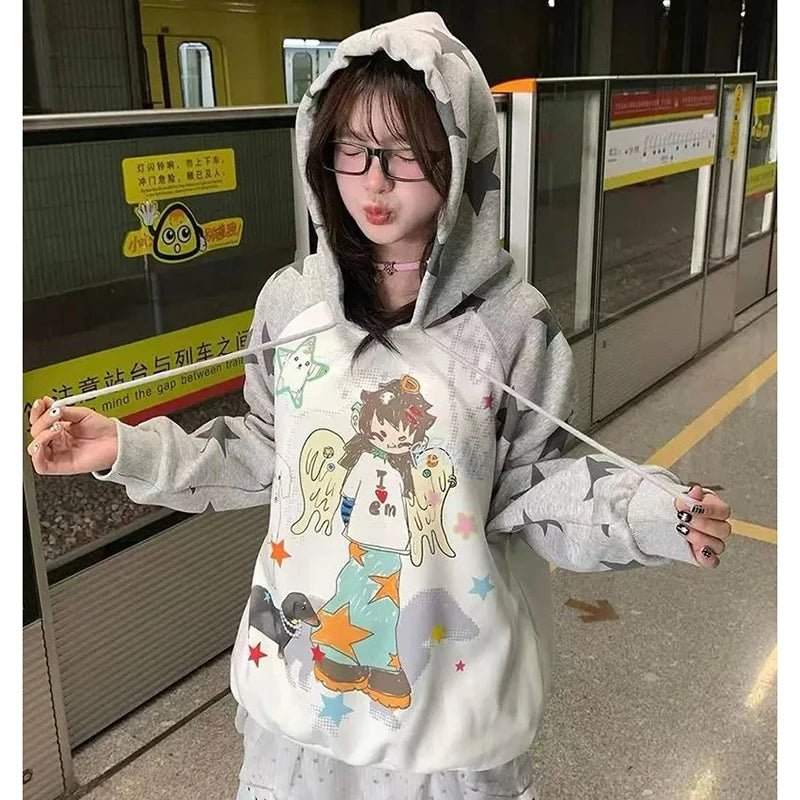 Women Japan Anime Subculture Hoodie Long Sleeve Cartoon Print Sweatshirt - Maxwell shop