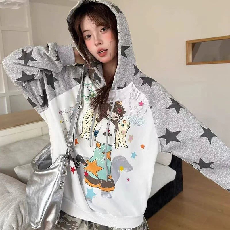 Women Japan Anime Subculture Hoodie Long Sleeve Cartoon Print Sweatshirt - Maxwell shop