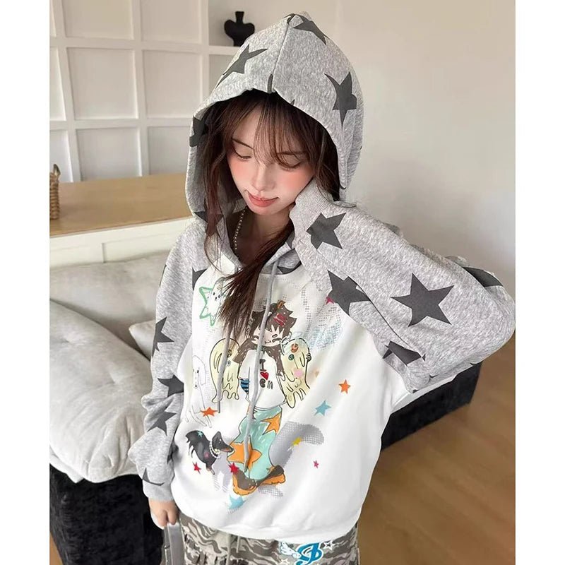 Women Japan Anime Subculture Hoodie Long Sleeve Cartoon Print Sweatshirt - Maxwell shop