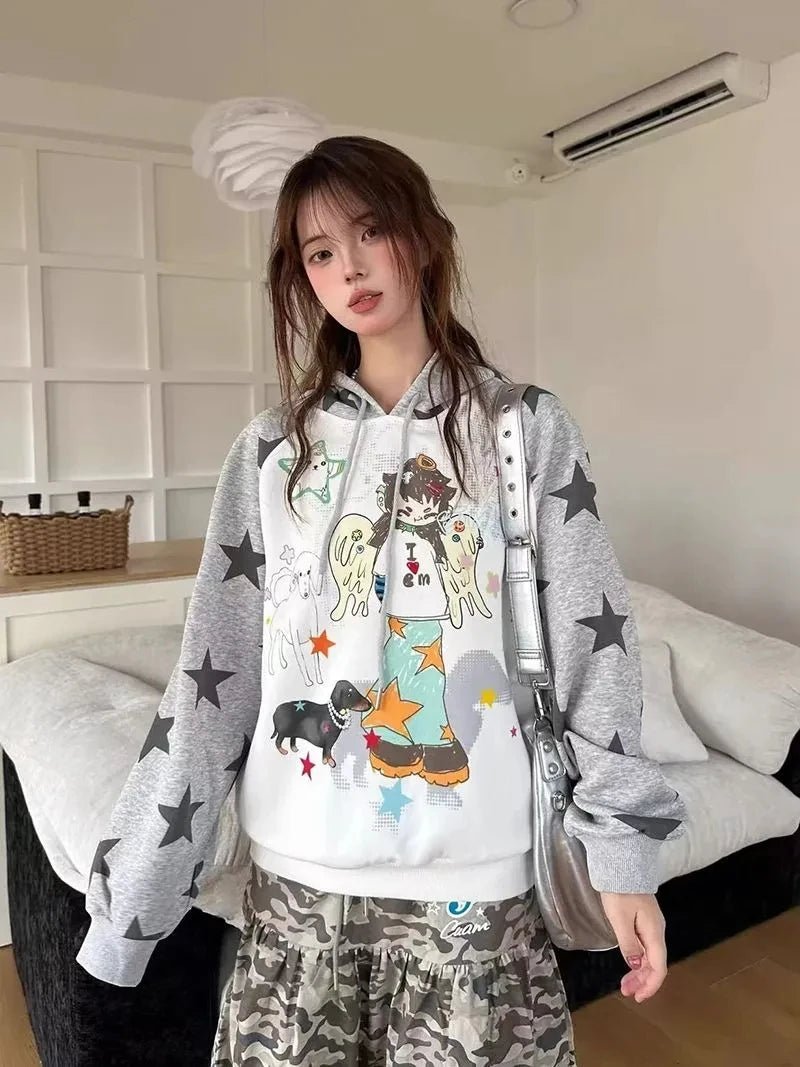 Women Japan Anime Subculture Hoodie Long Sleeve Cartoon Print Sweatshirt - Maxwell shop
