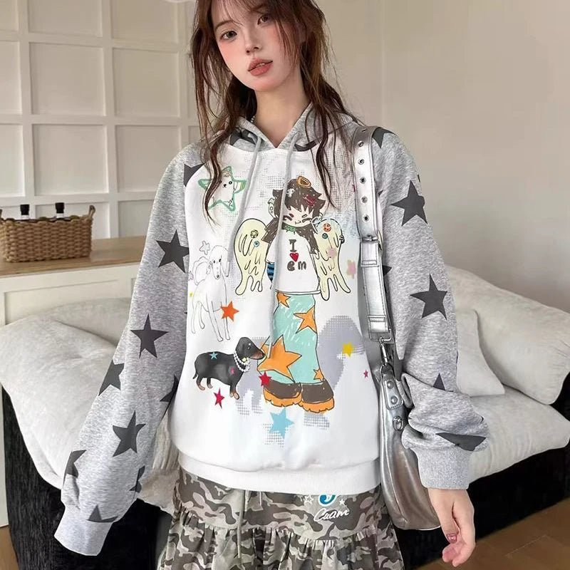 Women Japan Anime Subculture Hoodie Long Sleeve Cartoon Print Sweatshirt - Maxwell shop