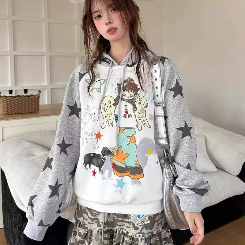 Women Japan Anime Subculture Hoodie Long Sleeve Cartoon Print Sweatshirt - Maxwell shop